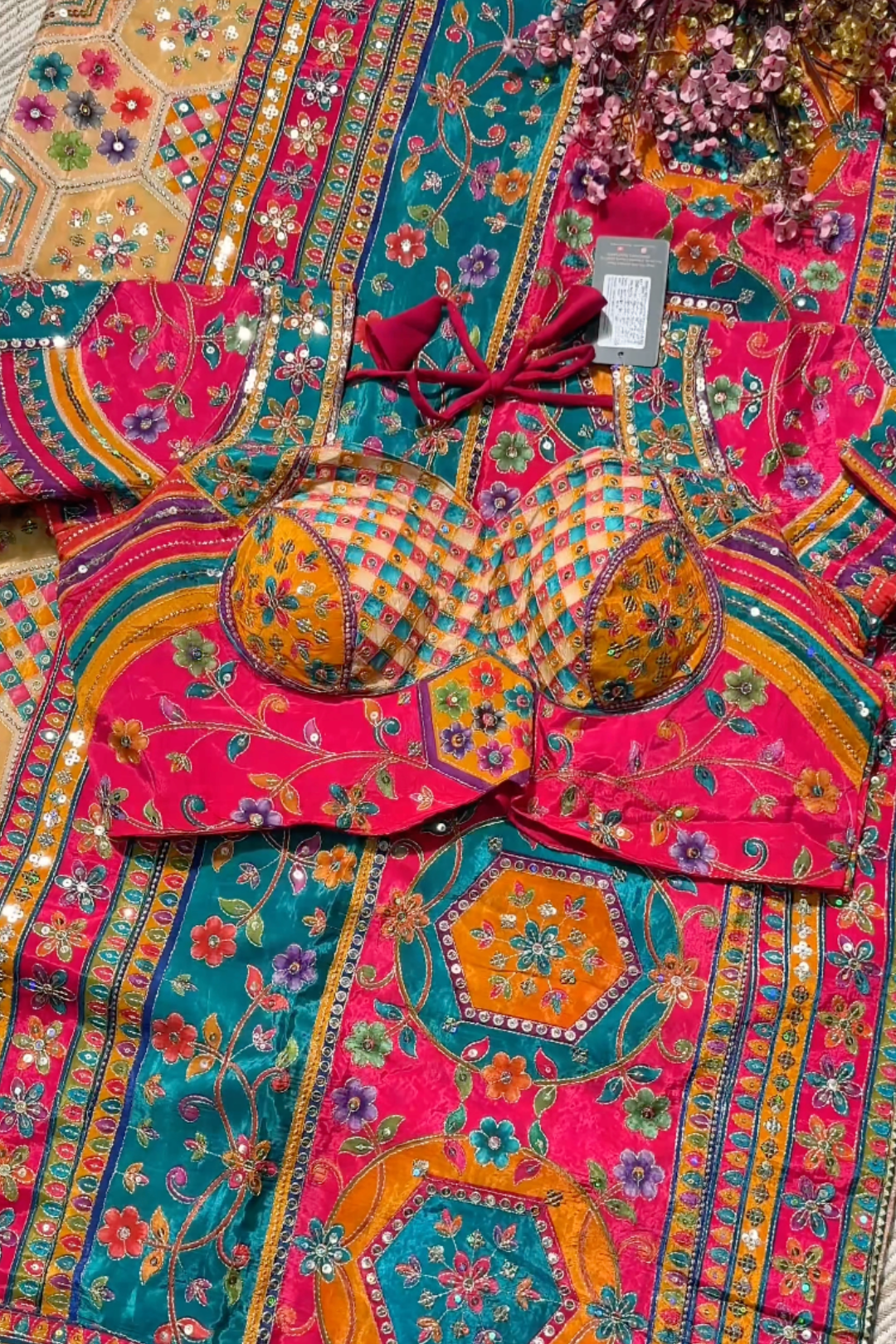 Multicolour Digital Printed Silk Ready Made Saree Embellished With Zari & Sequins Work
