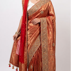 Orange Banarasi Silk Unstitched Saree with Dupatta Embellished with Moti & Zari Work