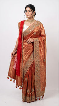 Orange Banarasi Silk Unstitched Saree with Dupatta Embellished with Moti & Zari Work