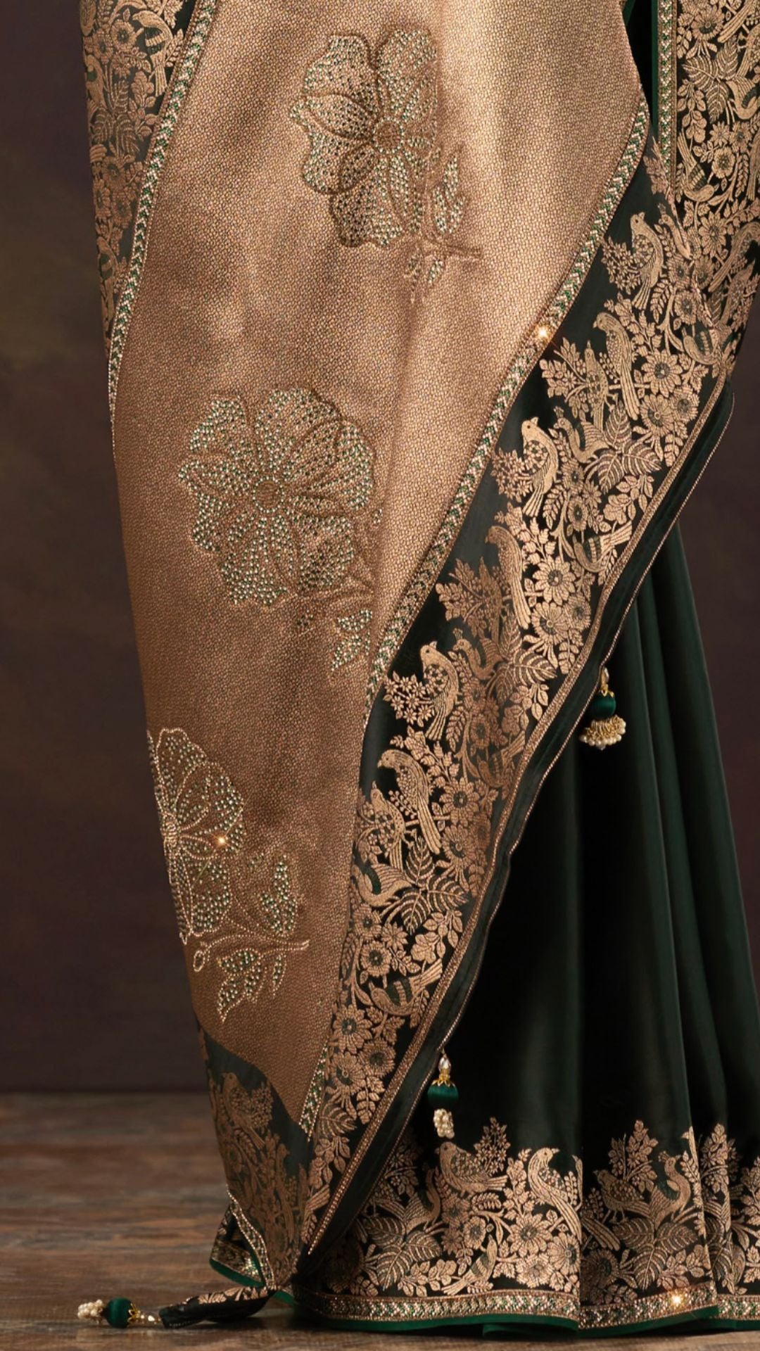 Dark Green Satin Saree With Swarovski Work