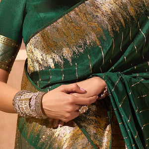 Bottle Green Silk Satin Saree with Swarovski Work
