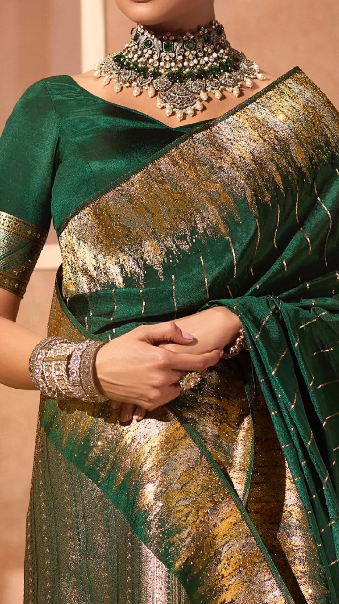 Bottle Green Silk Satin Saree with Swarovski Work