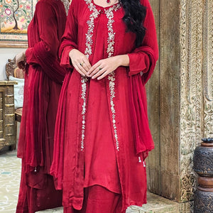 Maroon Chinon Indowestern Top,Bottom,Cape and Dupatta with Pearl,Sequins and Dabka Work