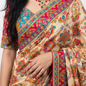 Cream Digital Printed Silk Ready Made Saree Embellished With Sequins & Zari Work