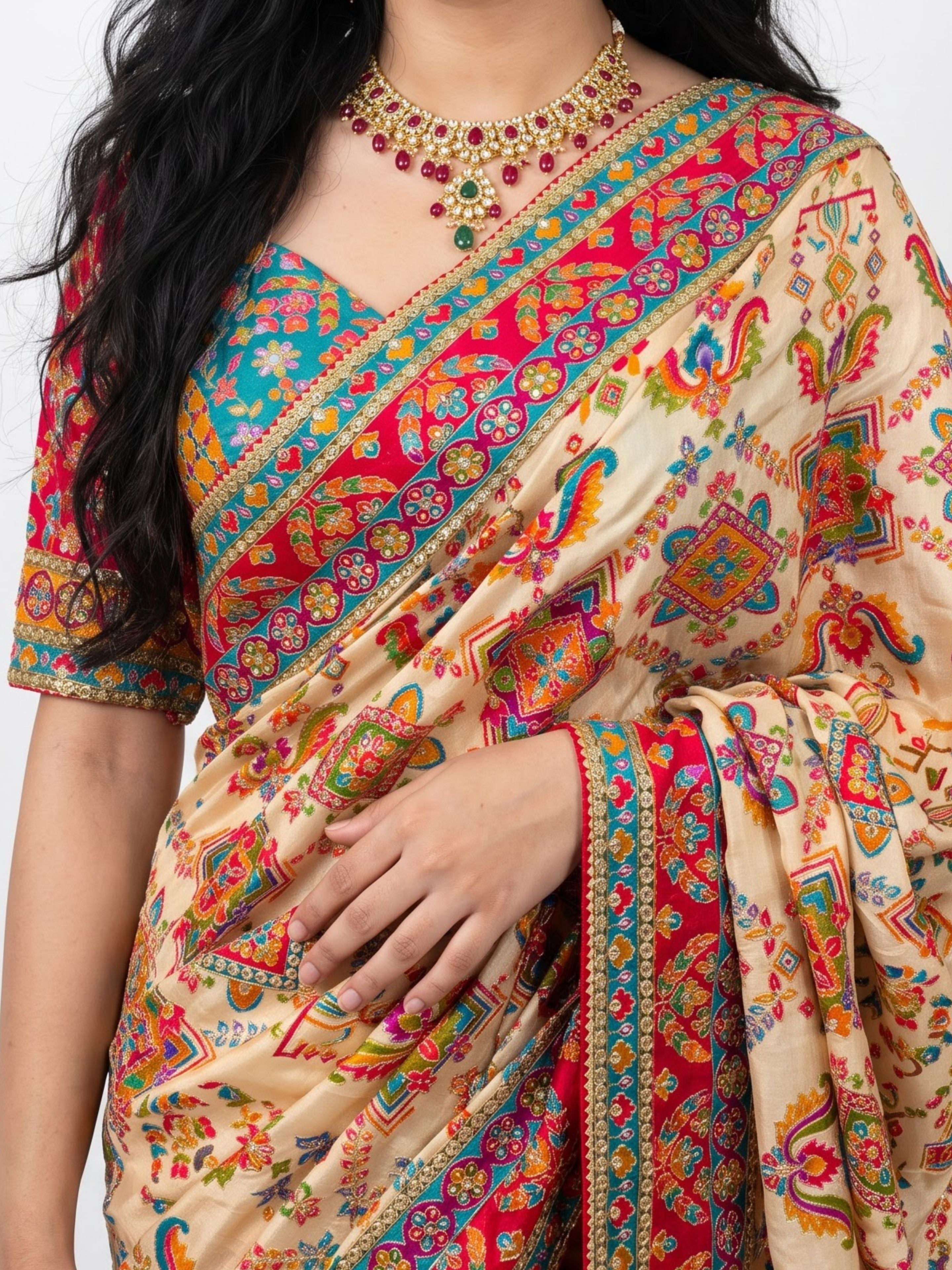 Cream Digital Printed Silk Ready Made Saree Embellished With Sequins & Zari Work