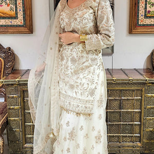 Cream Net Cream Suit with Swarovski Work and Dupatta