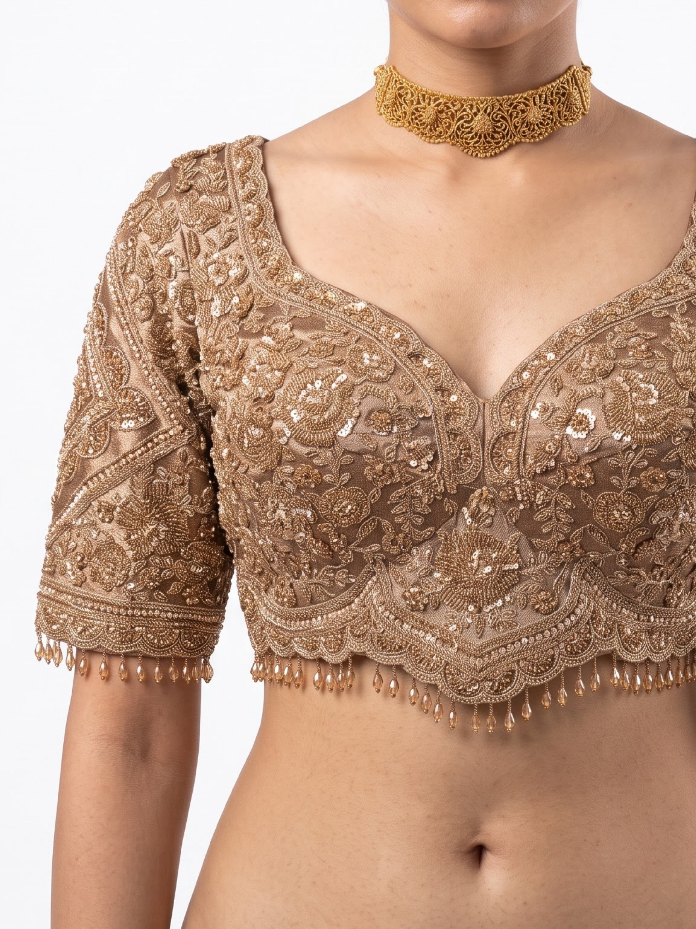 Golden Tissue Saree Embellished With Cutdana, Sequins, Pearl & Zari Work