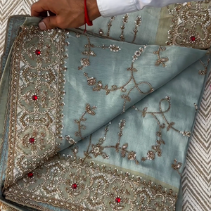 Sky Blue Tissue Unstitched Saree Embellished With Sequins, Cutdana, Moti & Stone Work