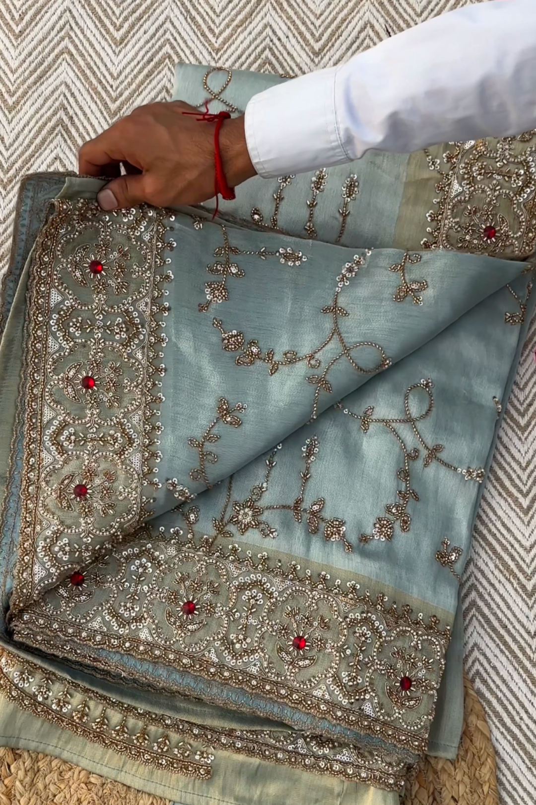 Sky Blue Tissue Unstitched Saree Embellished With Sequins, Cutdana, Moti & Stone Work