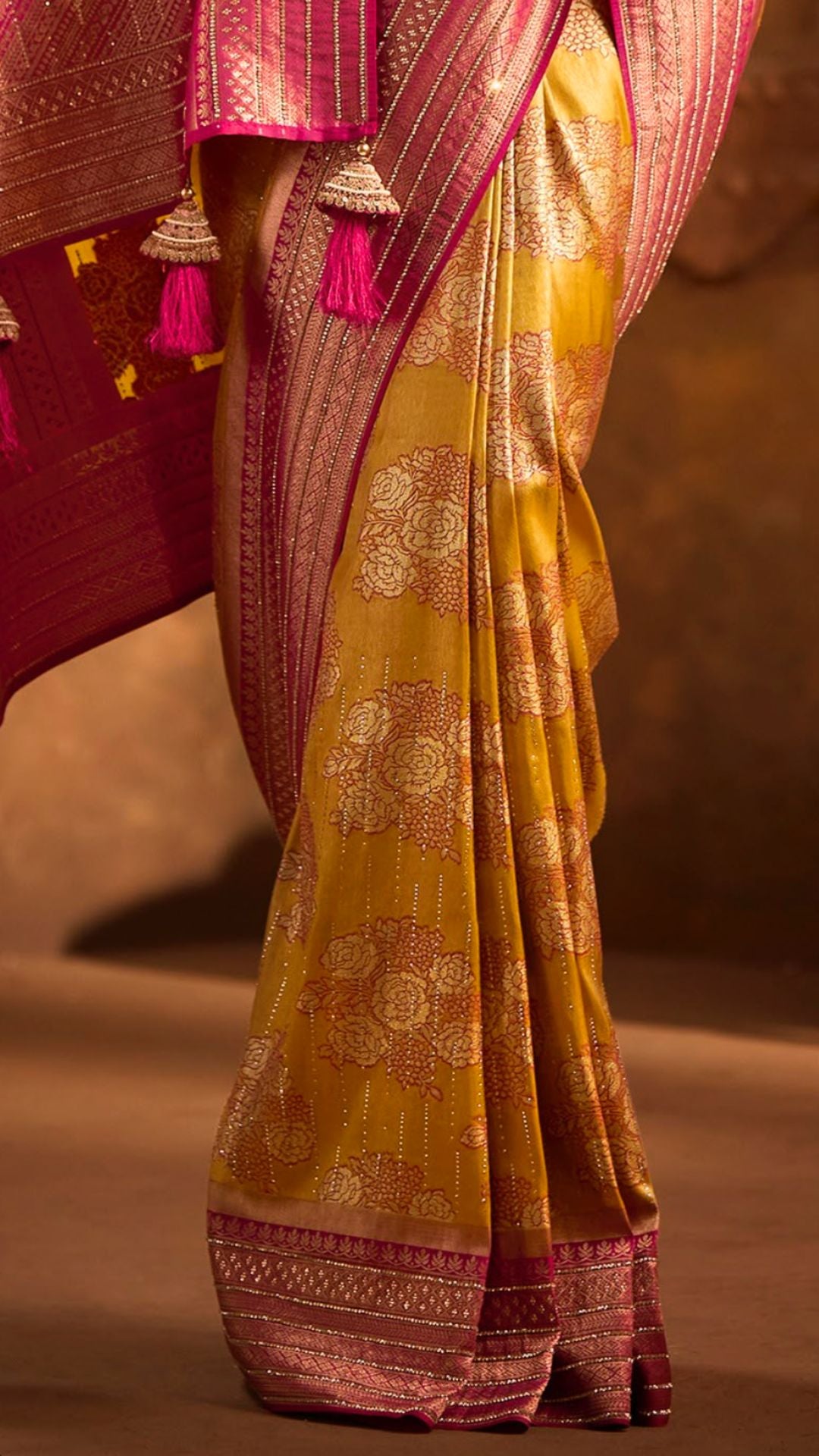 Pink and Mustard Kanjiviram Silk Saree With Zarkan and Swarovski Work