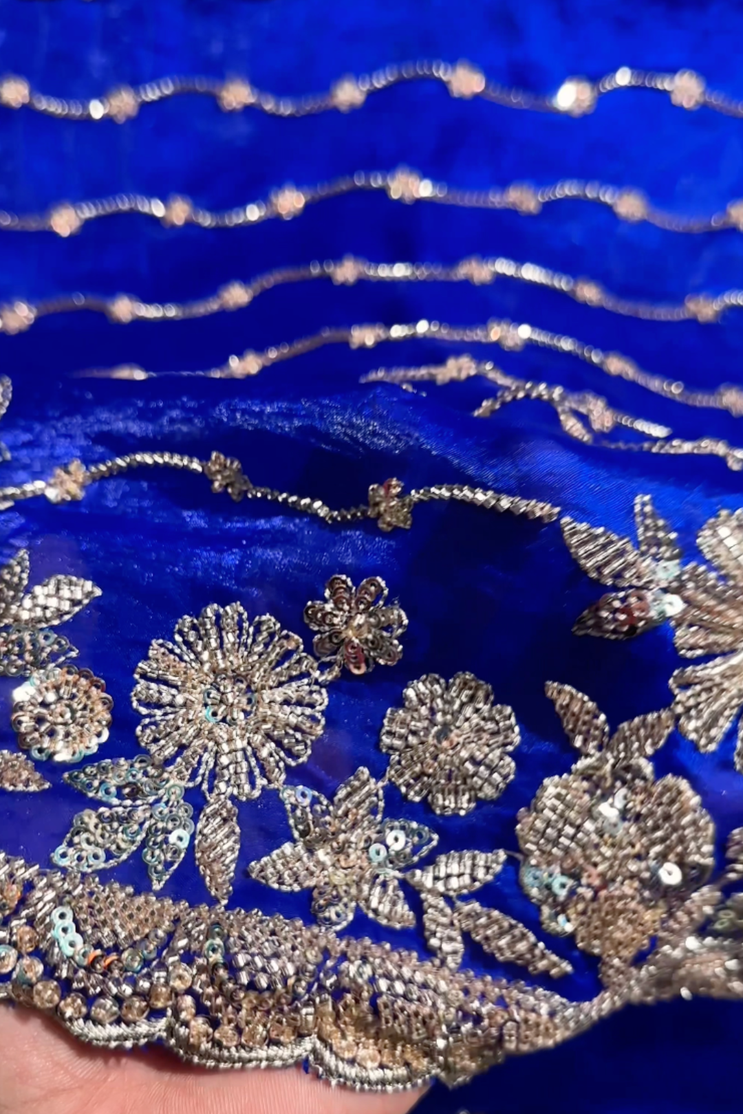 Blue Tissue Unstitched Saree Embellished With Sequins, Cutdana & Zari Work
