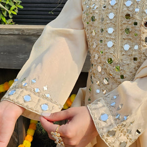 Cream Tissue Indo-Western with Mirror & Zari Work
