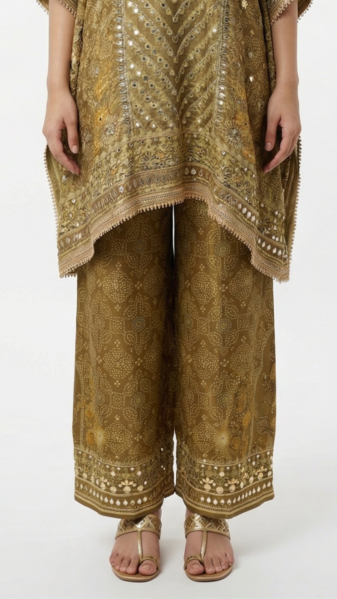 Antique Gold Tissue Kaftan Coord Set with Gota Patti, Digital Print & Sequin Detailing