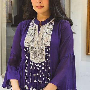 Purple Chinon Indowestern Top and Bottom with Sequins,Cutdana and Pearl Work