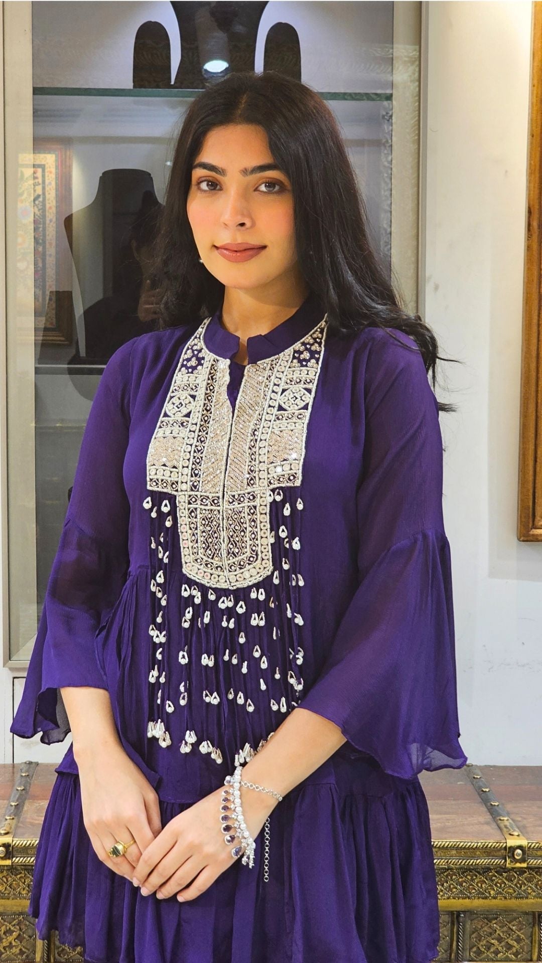 Purple Chinon Indowestern Top and Bottom with Sequins,Cutdana and Pearl Work