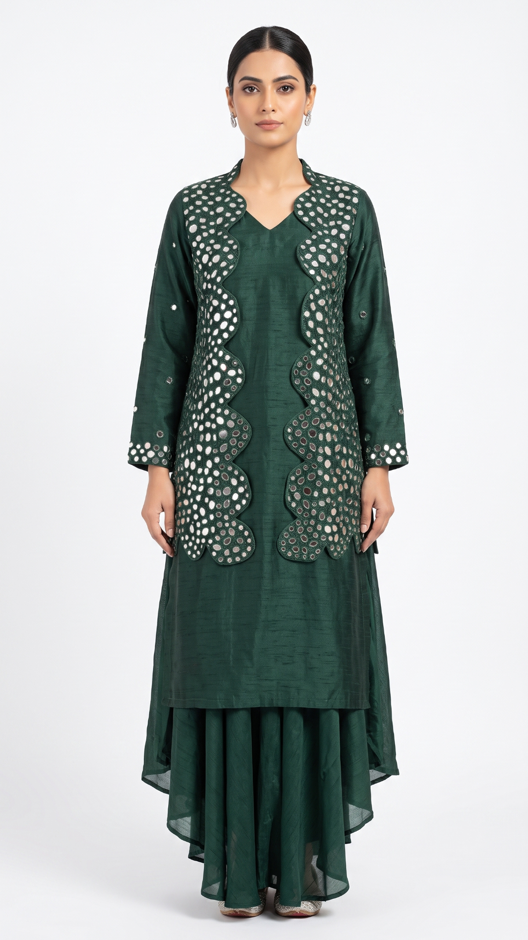 Green Raw Silk Mirror Thread Work Sequins