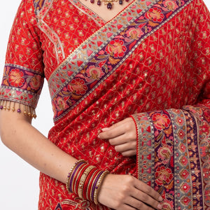 Maroon Digital Printed Silk Ready Made Saree Embellished With Sequins & Zari Work