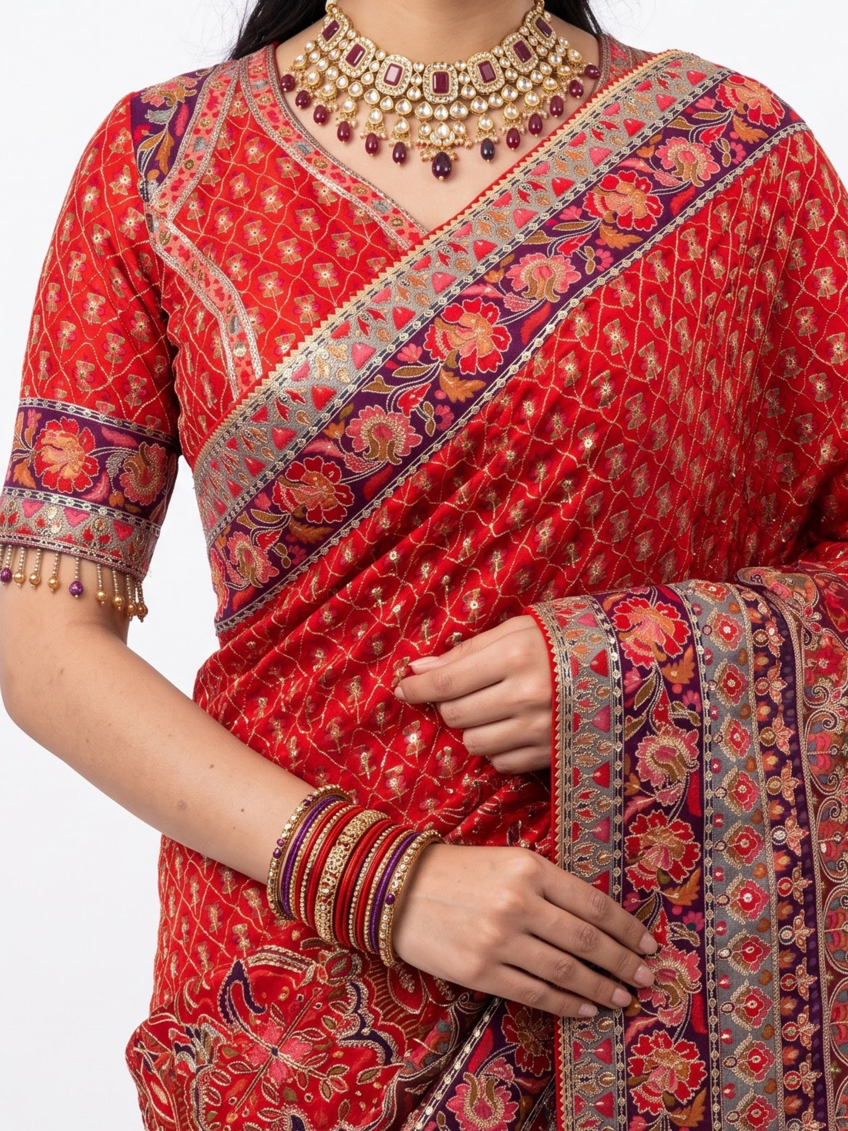 Maroon Digital Printed Silk Ready Made Saree Embellished With Sequins & Zari Work