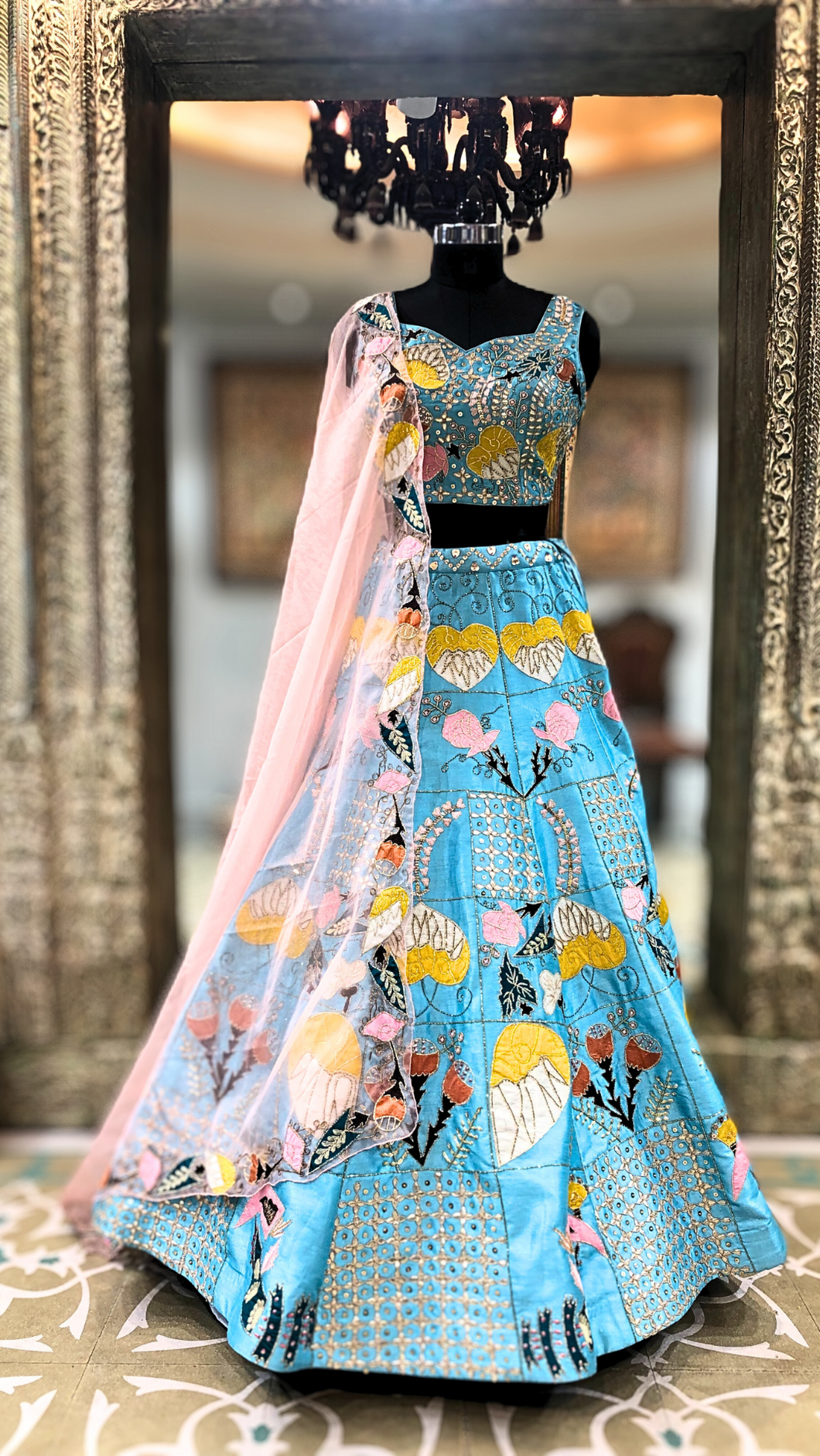 Firozi Silk Lehenga With Sequence And Mirror
