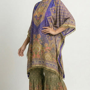 Purple Muslin Crepe Coord Set with Digital Print, Pearl & Mirror Detailing