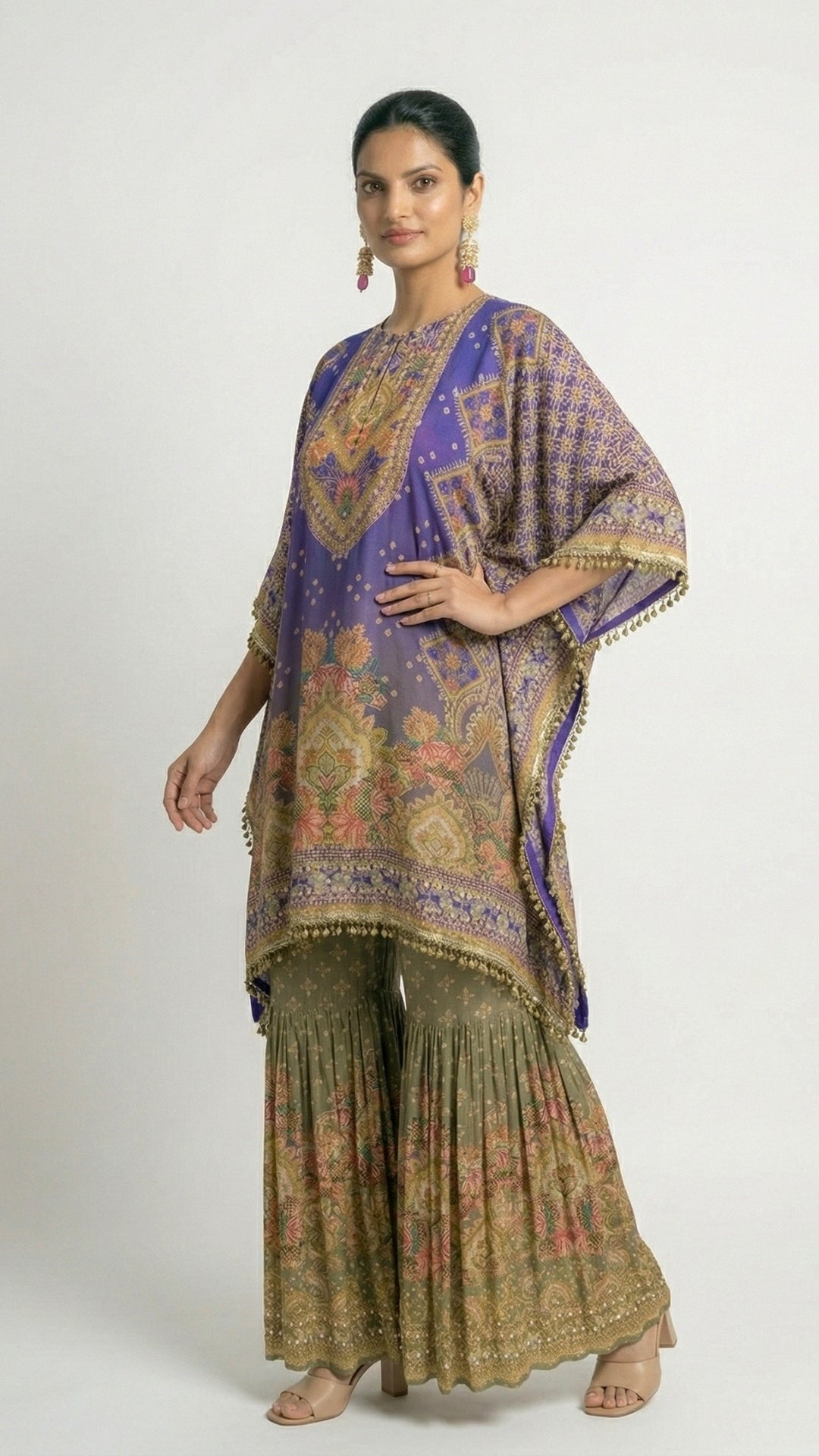 Purple Muslin Crepe Coord Set with Digital Print, Pearl & Mirror Detailing