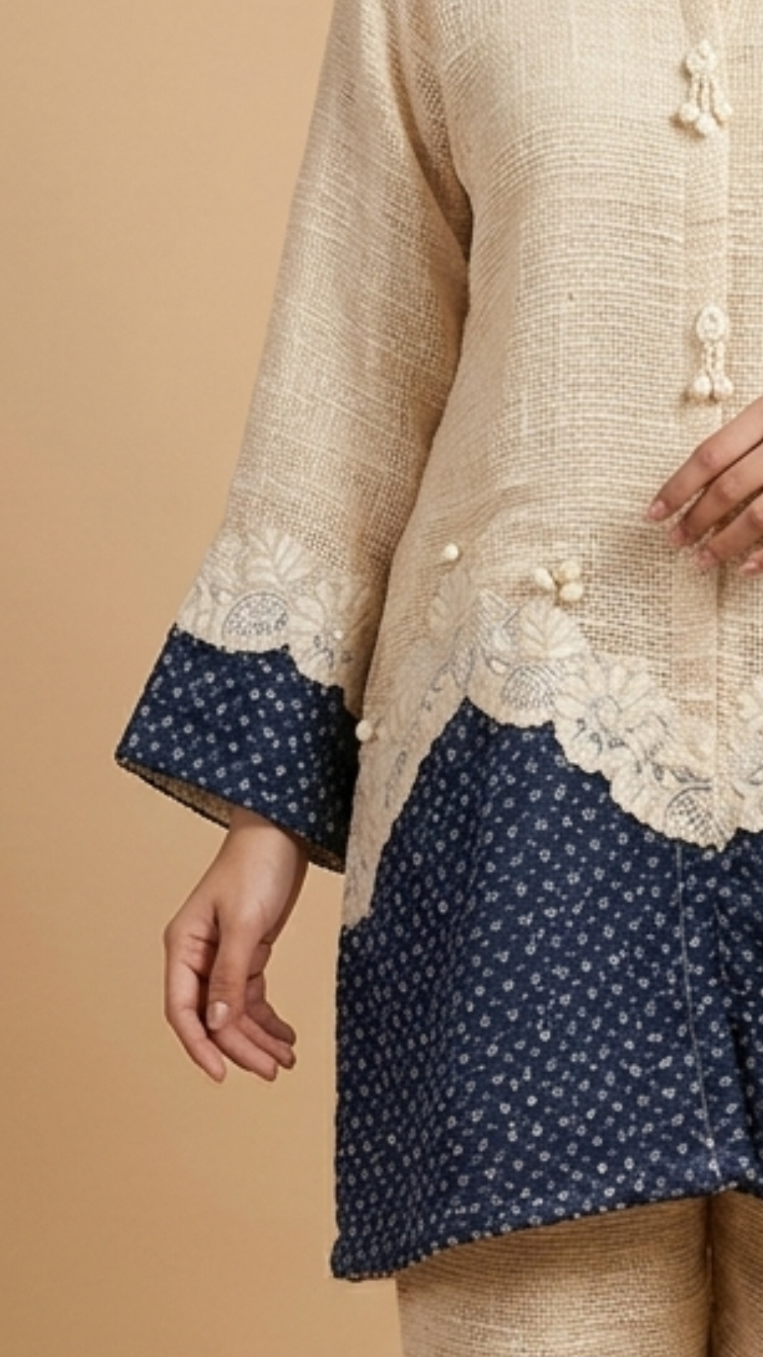 Blue and Beige Jute Coord Set with Sequins Work