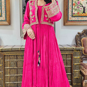 Pink Silk Indowestern Embroidered Jacket with Georgette Top and Bottom