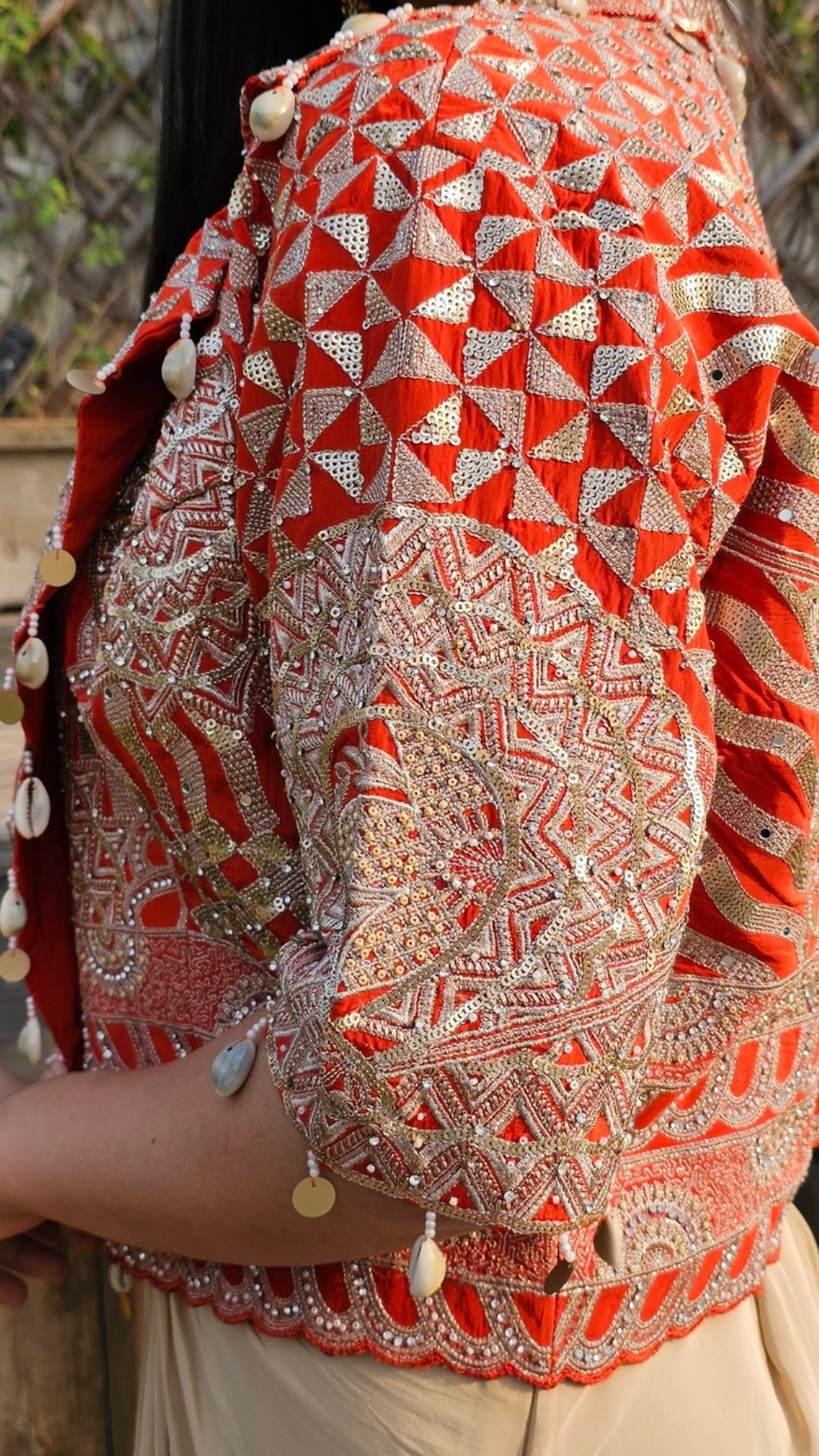Rust Crepe Saree Sculpt with Blouse Jacket & Zari, Sequin, Stone, Moti Work