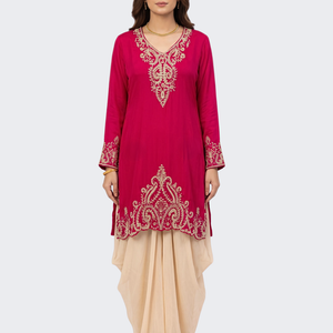 Red Chinon Dhoti Suit Set with Cutdana, Sequins, Pearl and Dabka Embroidery