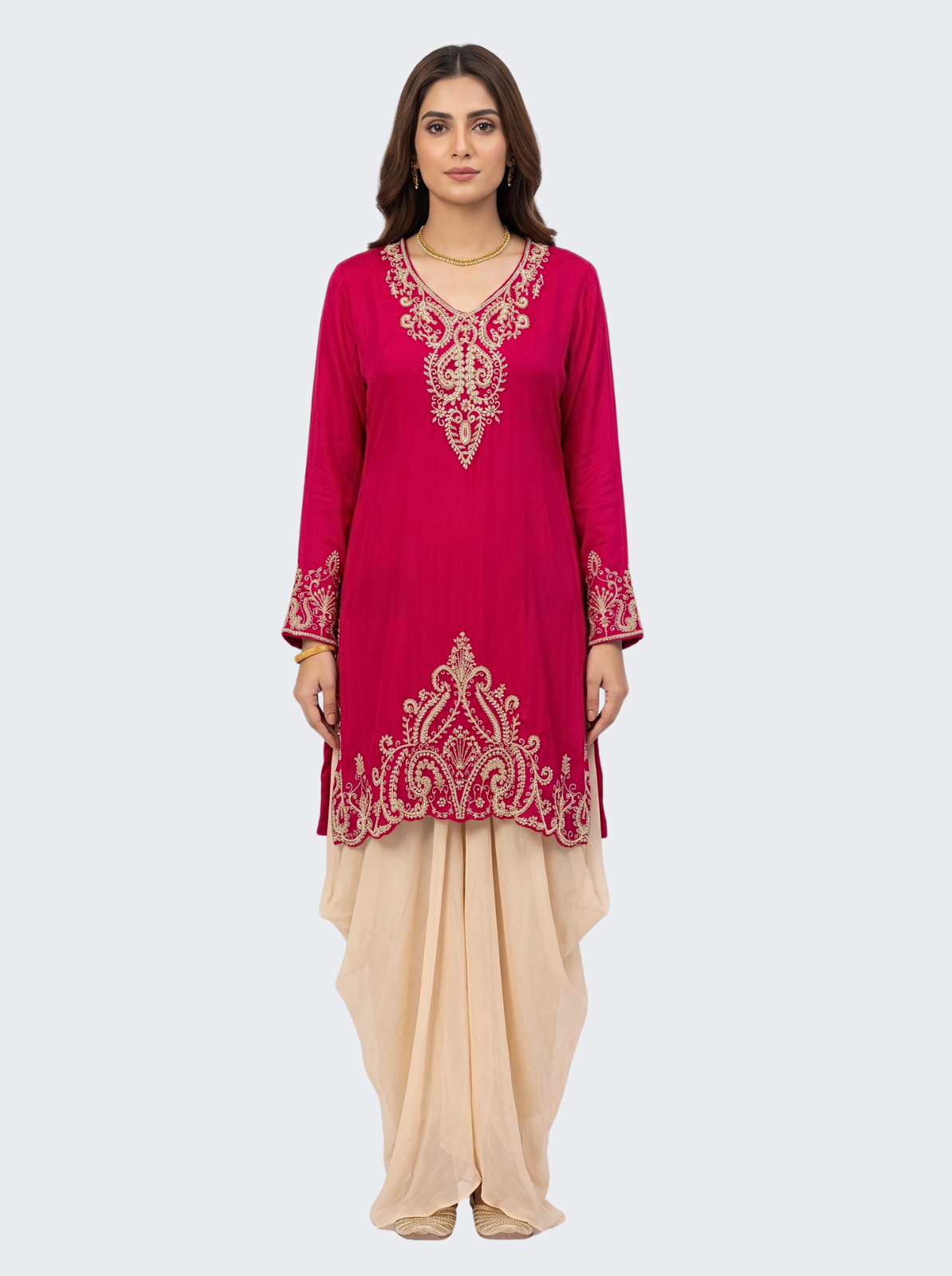 Red Chinon Dhoti Suit Set with Cutdana, Sequins, Pearl and Dabka Embroidery