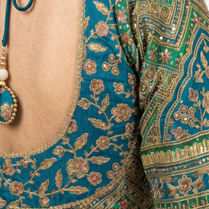 Red Banarasi Silk Saree with Stitched Blue Blouse and Weaving Work