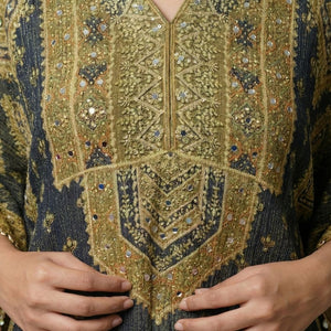 Navy Blue Wrinkled Tissue Digital Printed Kaaftan with Mirror Detailing and Gharara