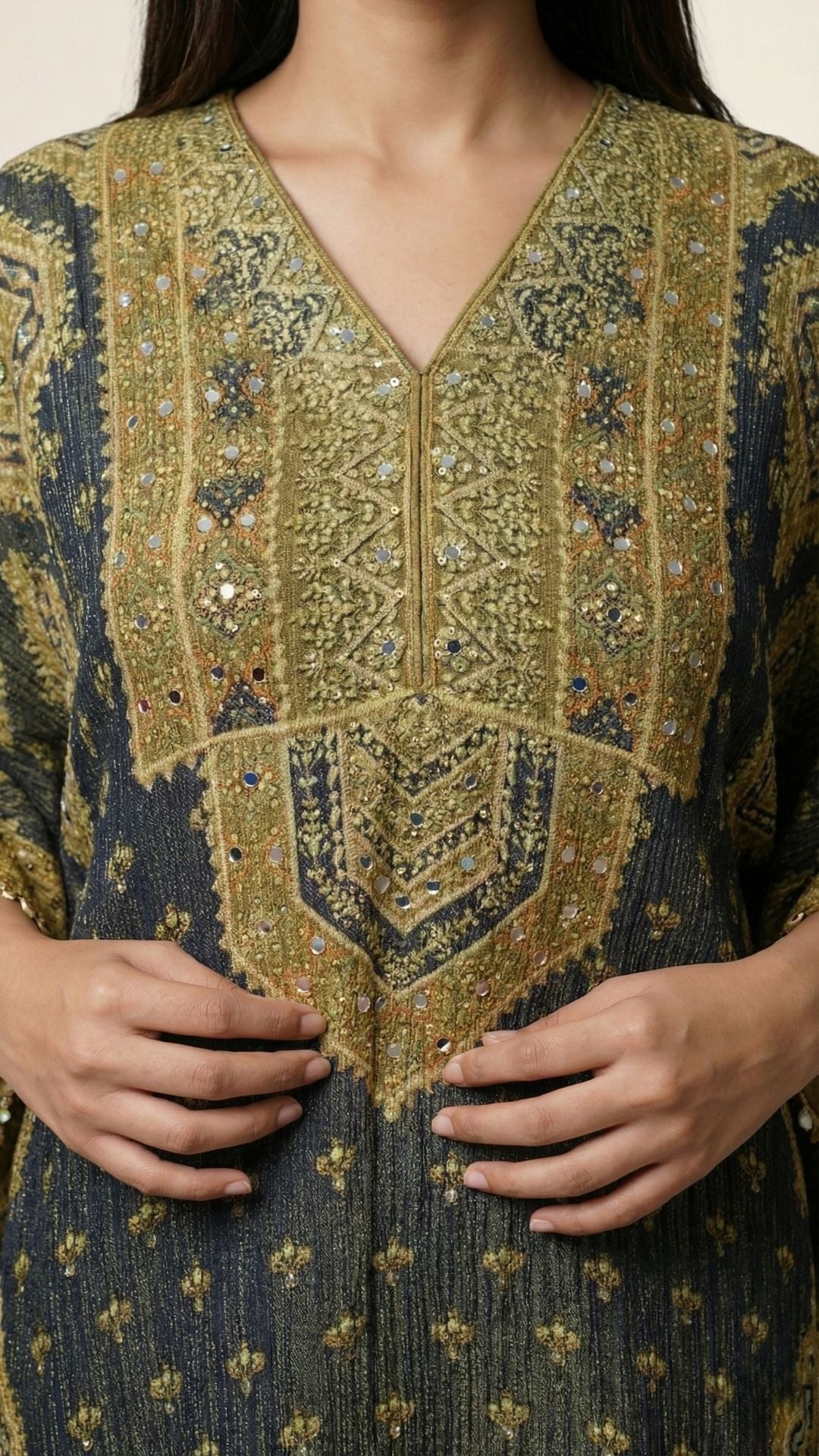 Navy Blue Wrinkled Tissue Digital Printed Kaaftan with Mirror Detailing and Gharara