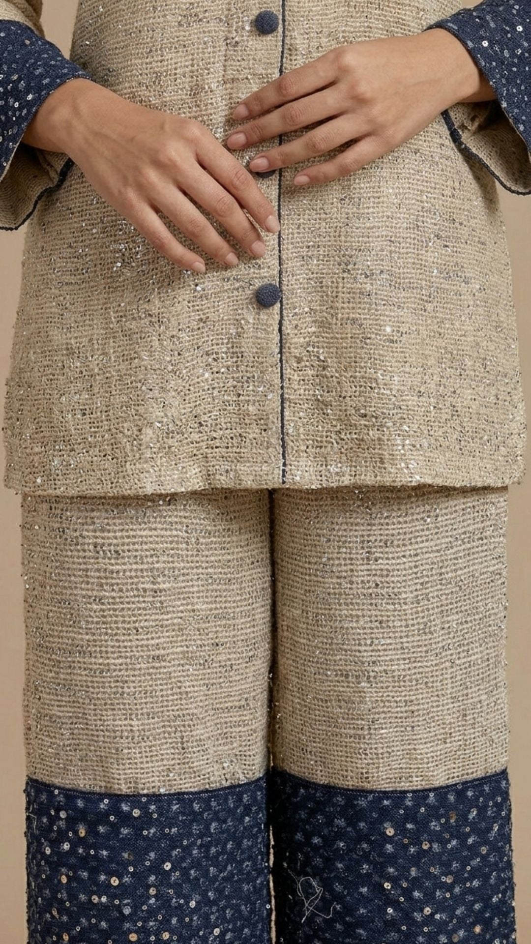 Blue and Cream Jute Coord Set with Sequins Work