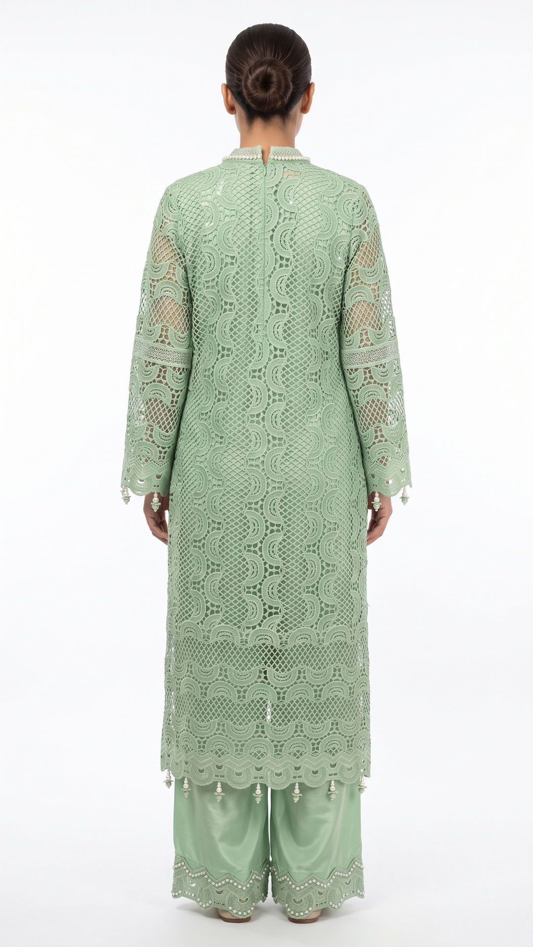 Green Muslin Cutwork lace and  Pearl Sequins