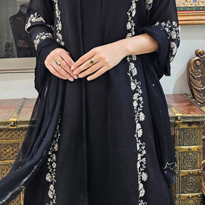 Black Chinon Indowestern Top,Jacket,Bottom and Dupatta with Sequins and Cutdana Work