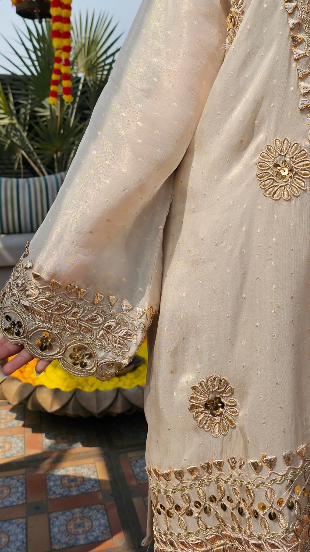Beige Tissue Indo-Western with Dori, Zari, Gota Patti & Sipi Work