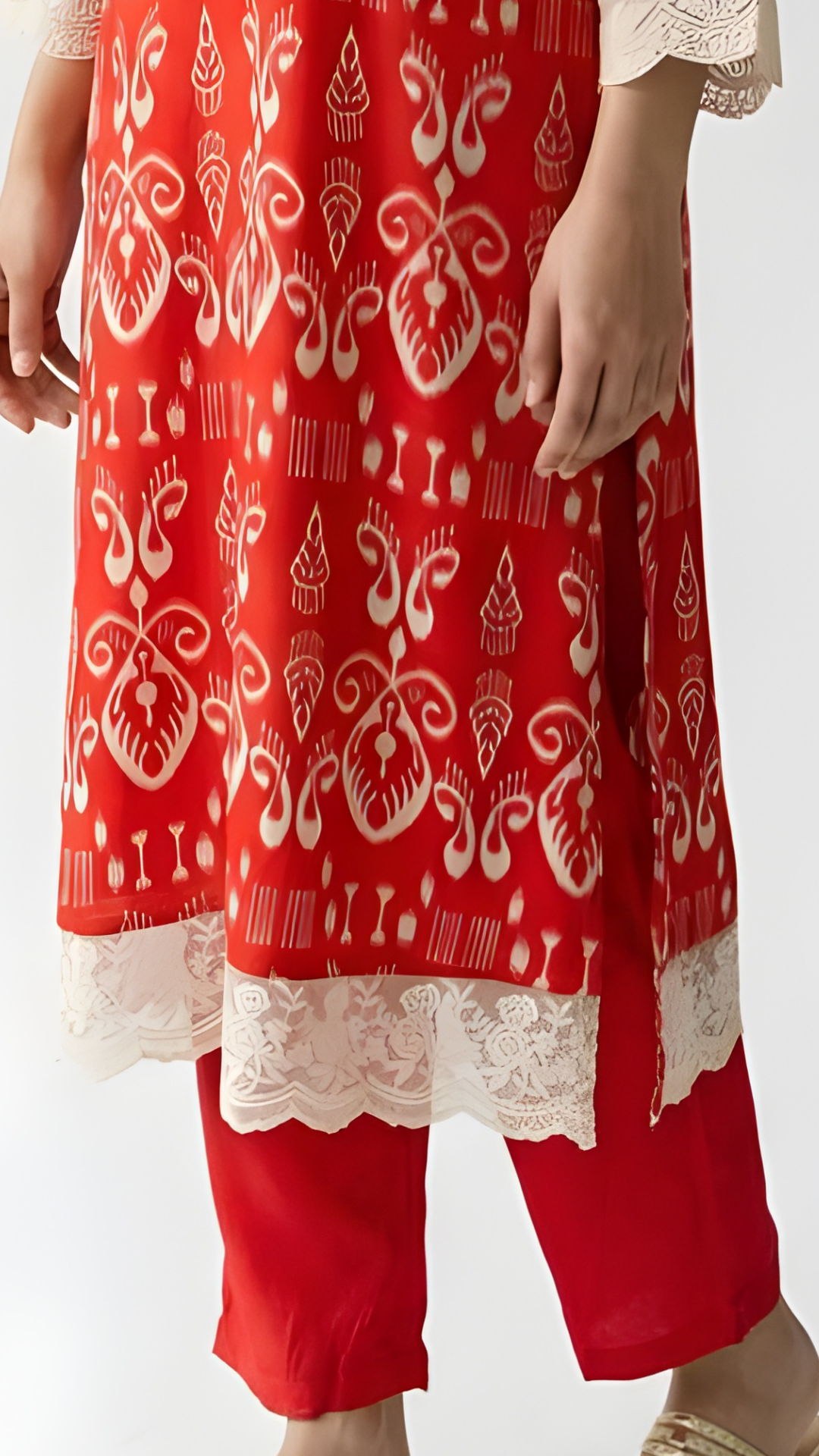 Red Maslin Cotton Coord Set with Fine Lace Work