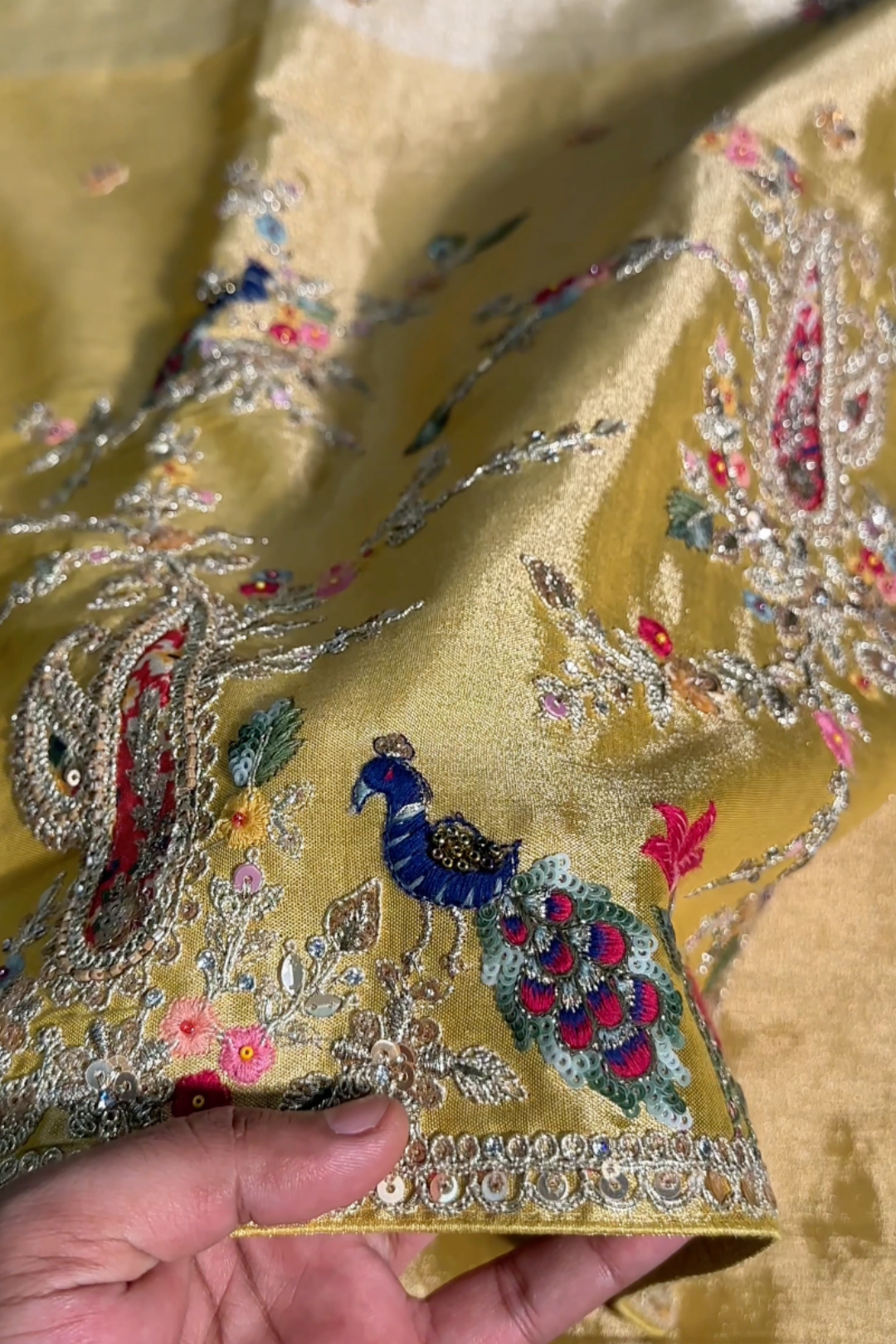 Yellow Tissue Unstitched Saree With Zari, Thread & Sequins Work