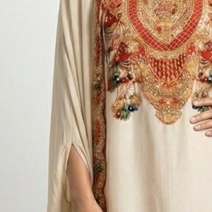Beige & Red Digital Printed Crepe Coord Set with Cape Embellished with Pearl, Sequins & Sippi
