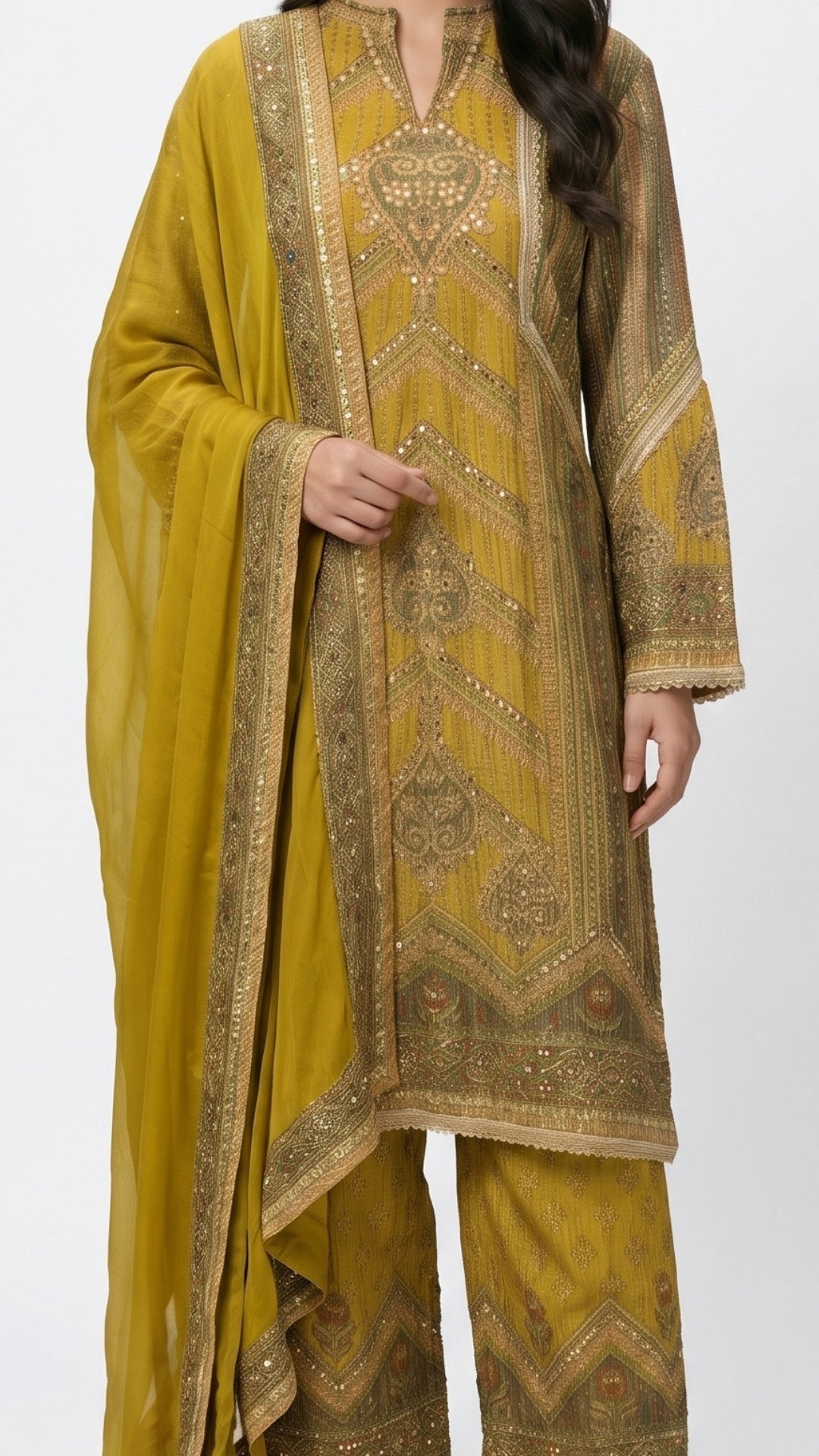 Green Wrinkled Tissue with Digital Print, Moti & Stone Work Indo Western