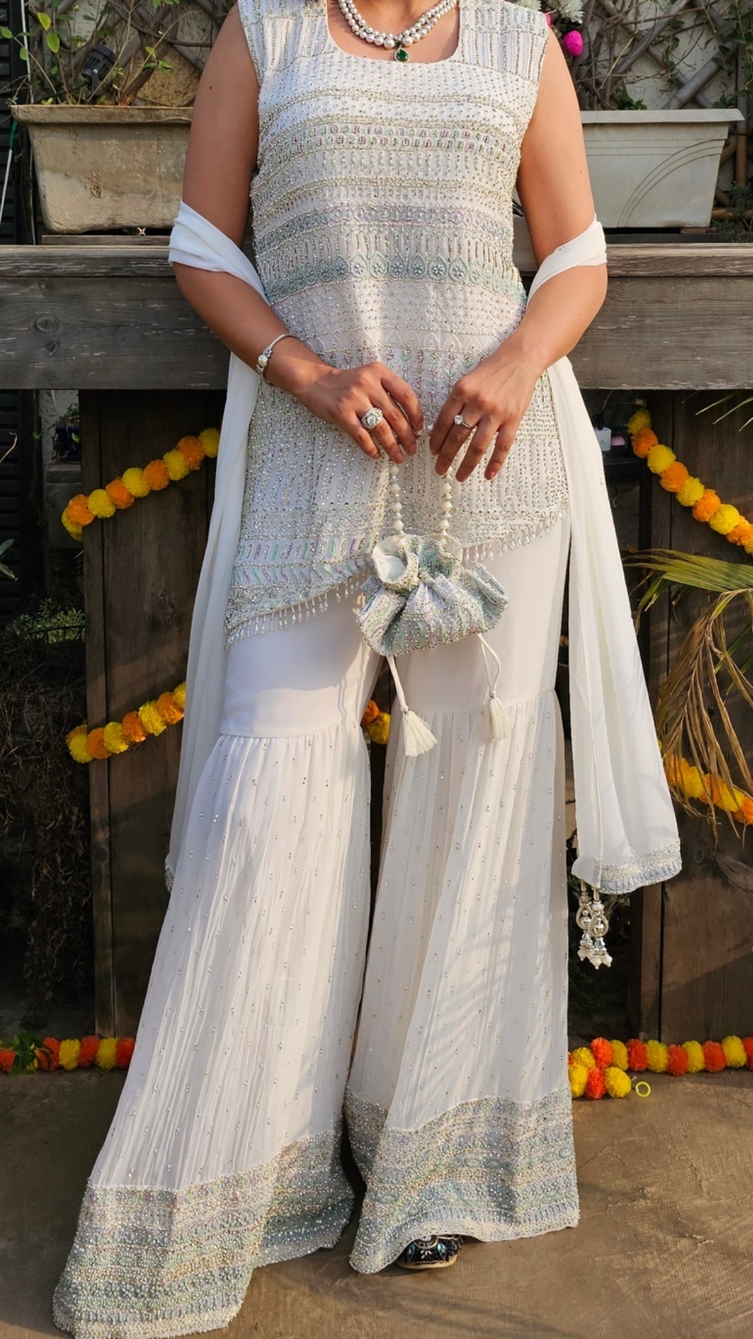 White Georgette Indo-Western with Thread, Stone & Pearl Work