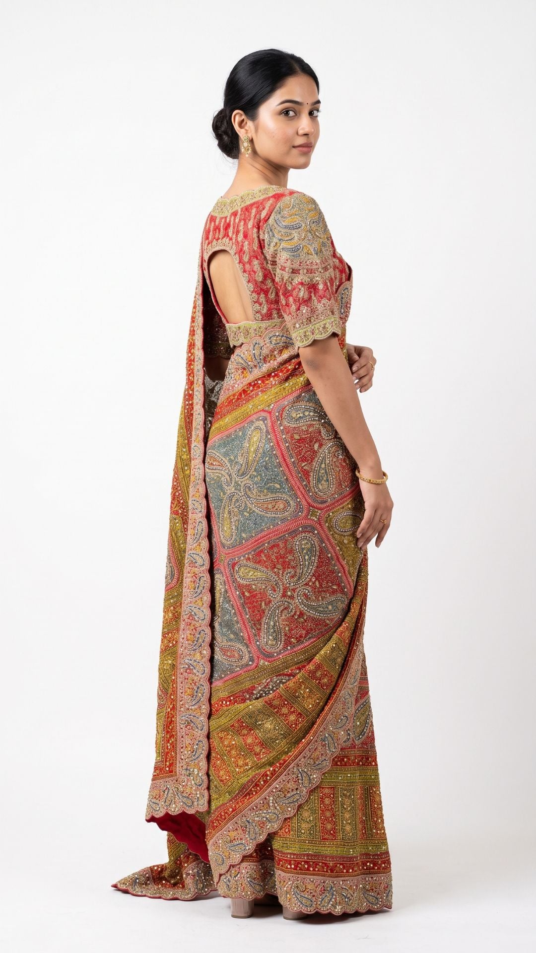 Beautiful Multicolour Tissue Saree Embellished With Kundan, Sequins & Cut Dana Work