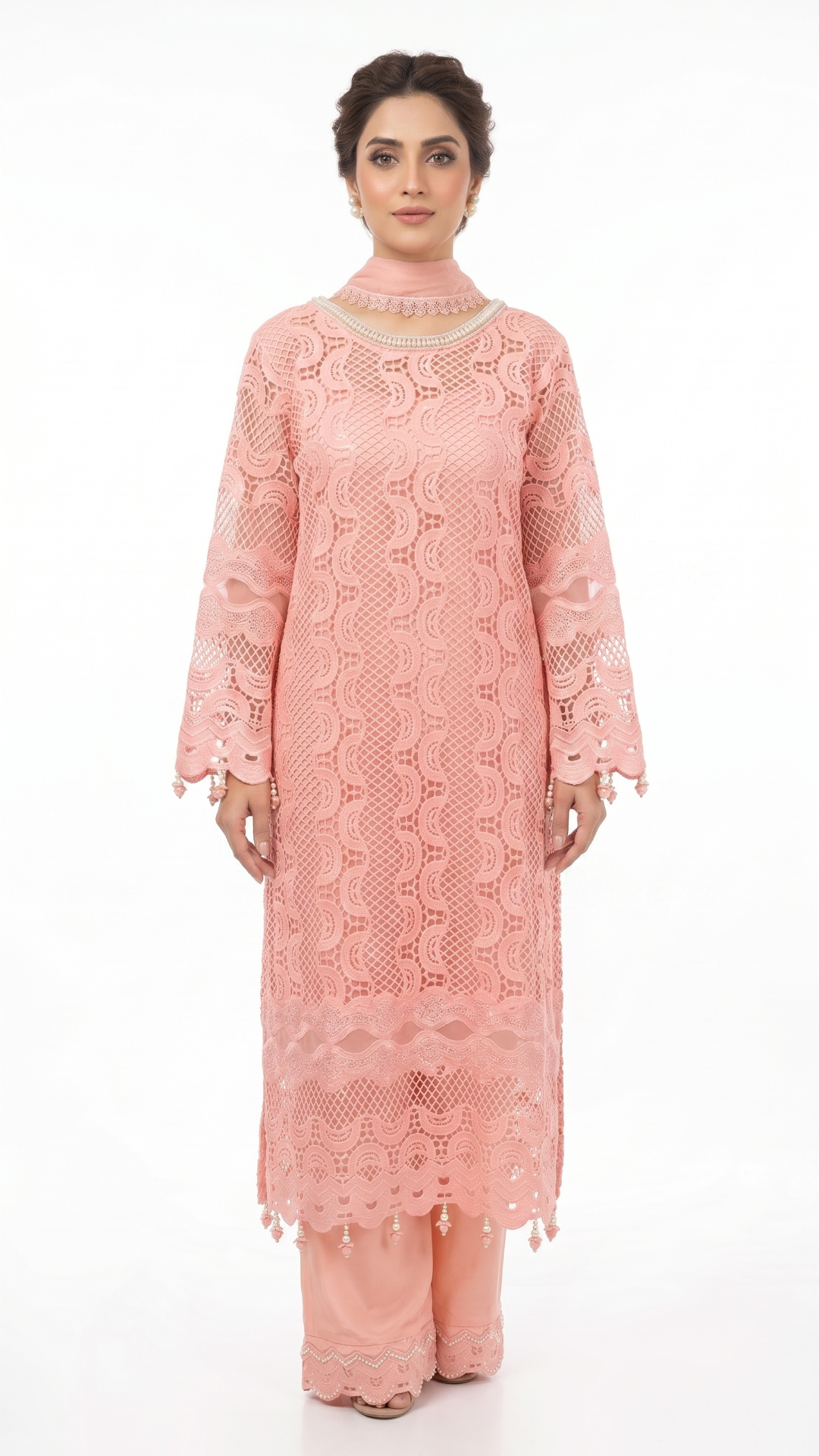 Pink Muslin Cutwork lace and  Pearl Sequins