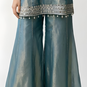 Blue Crushed Tissue Indowestern with Cutdana, Moti, Dabka and Mirror Work