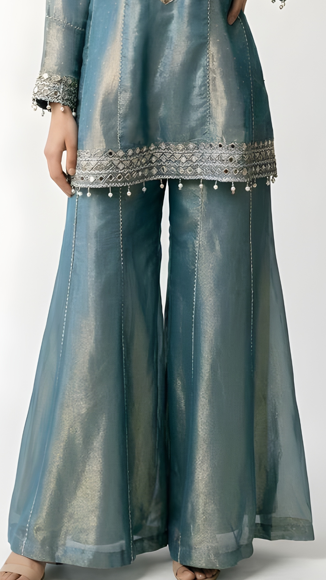 Blue Crushed Tissue Indowestern with Cutdana, Moti, Dabka and Mirror Work