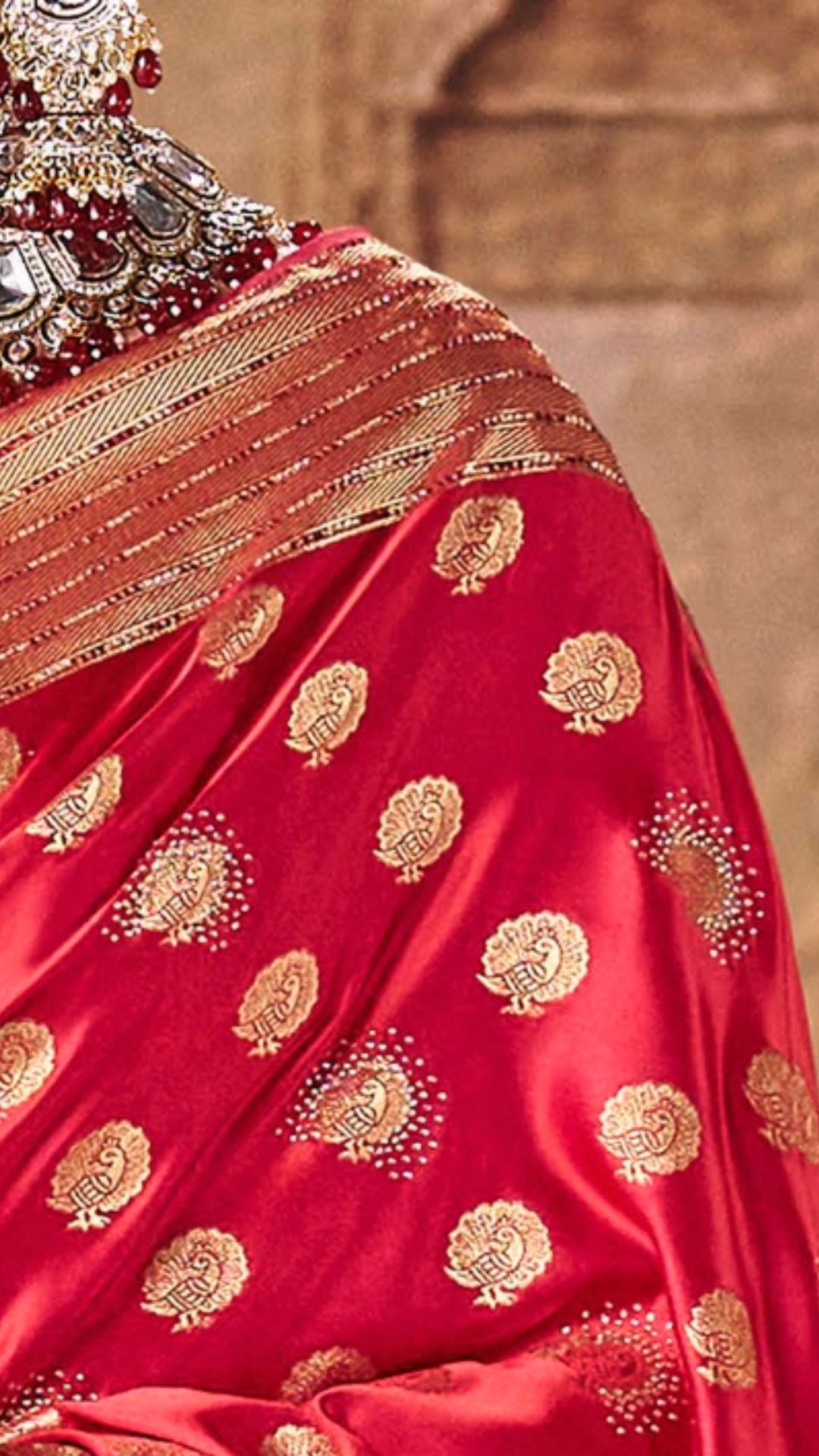 Red Satin Embroidered Saree With Rani Blouse