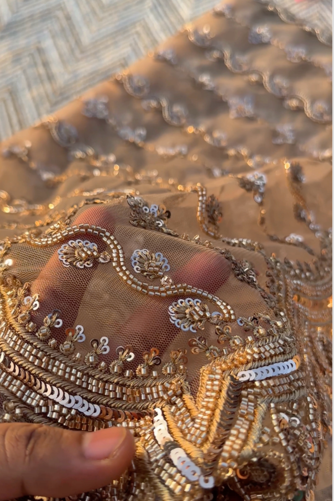 Golden Net Saree Embellished With Cutdana & Sequins Work