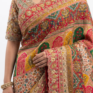 Beautiful Peach Silk Ready Made Saree Embellished With Pure Hand Work