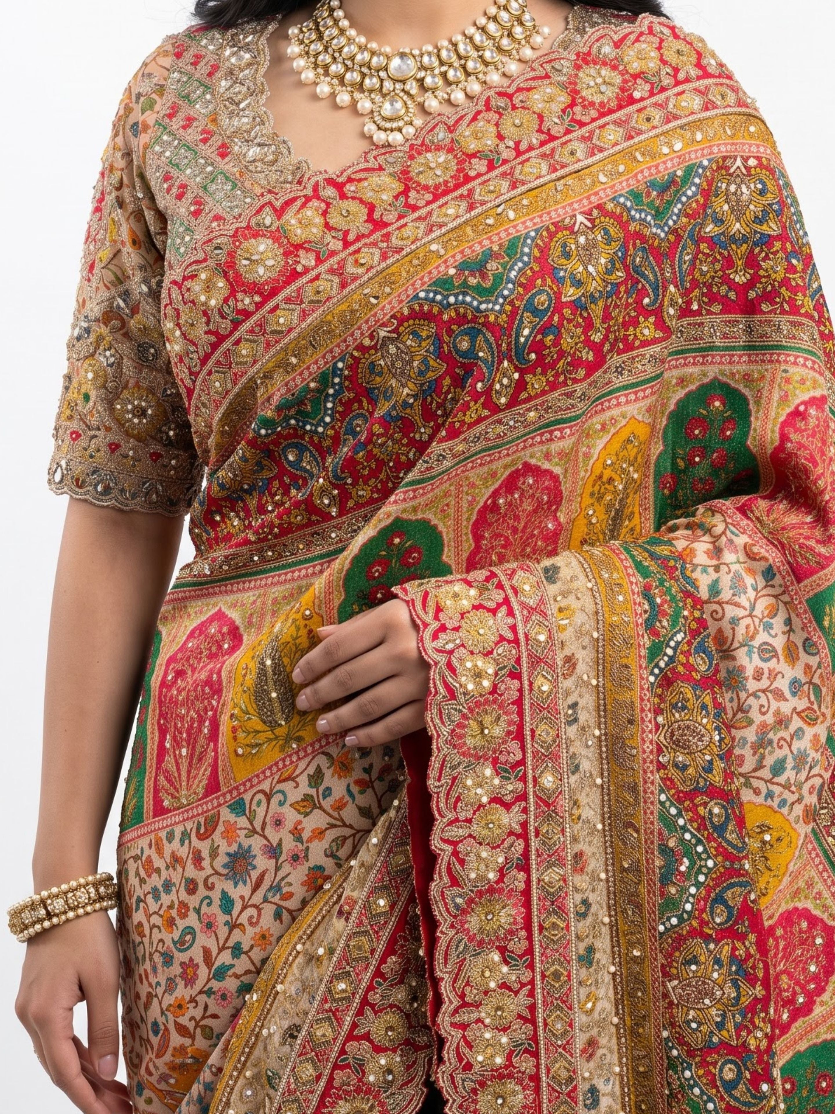 Beautiful Peach Silk Ready Made Saree Embellished With Pure Hand Work